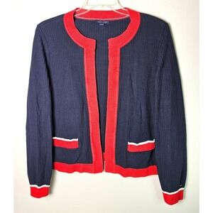 Tommy Hilfiger Womens Navy Blue Red Trim Open Front Cardigan Sweater Large